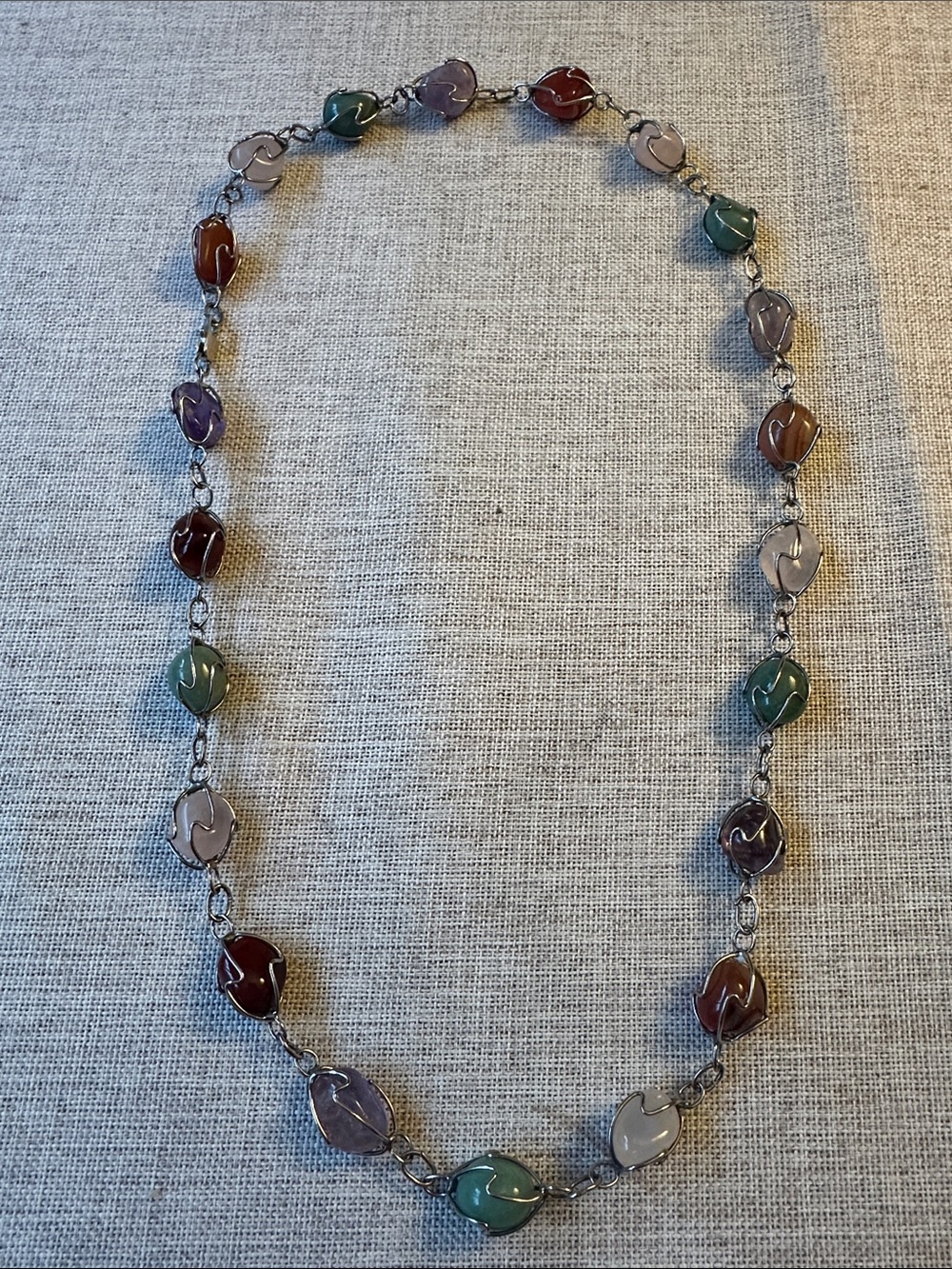 Vintage 925 Sterling Silver Wire Caged Tumbled Gemstone Station Necklace